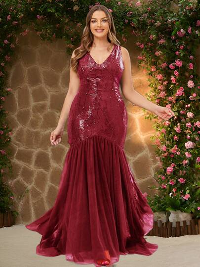 女士加大码优雅亮片网眼拼接美人鱼正式舞会礼服，优雅晚会礼服，适合毕业典礼、舞台表演、返校节、舞会、春夏秋冬