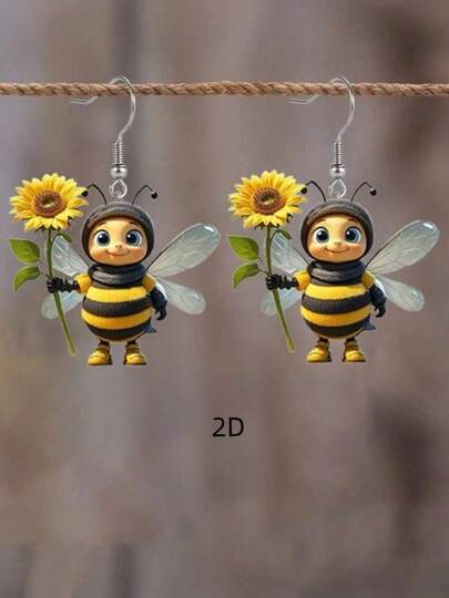 1 Pair Cute Hand-Holding Sunflower Bee Acrylic Dangle Earrings, Creative Animal Design Earrings Gift For Women