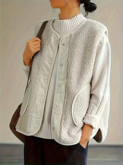 Chaleco elegante y casual con botones delanteros y bolsillos de mujer talla grande, adecuado para uso casual y diario