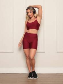 Women's Fitness Set Suplex Gym - Top Without Padded Thin Straps + Tight Shorts High Waist Mid-Thigh - 紫紅色 - 查看 3