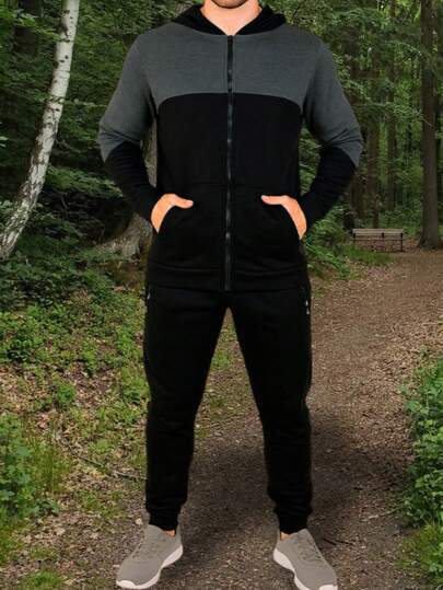 Conjunto de pants deportivo y casual para hombre, colores lisos, sin estampados, tela de poliéster, algodón y spandex, apto para temporadas de primavera y verano. pants de ajuste regular con bota semi-entubada, talle de cintura natural, bolsillos laterales funcionales con cremallera. Sudadera deportiva, cuello redondo con capucha, silueta de ajuste regular, cierre con cremallera y bolsillos frontales funcionales. Muy fresco y cómodo, ideal para hacer deporte al aire libre, caminata en el parque o para ir al gimnasio.