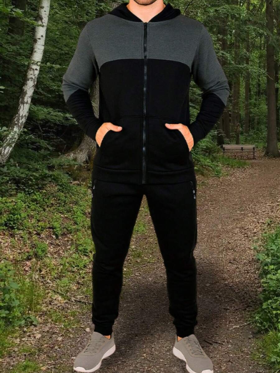 Conjunto de pants deportivo y casual para hombre, colores lisos, sin estampados, tela de poliéster, algodón y spandex, apto para temporadas de primavera y verano. pants de ajuste regular con bota semi-entubada, talle de cintura natural, bolsillos laterales funcionales con cremallera. Sudadera deportiva, cuello redondo con capucha, silueta de ajuste regular, cierre con cremallera y bolsillos frontales funcionales. Muy fresco y cómodo, ideal para hacer deporte al aire libre, caminata en el parque o para ir al gimnasio. - Negro - Ver 1