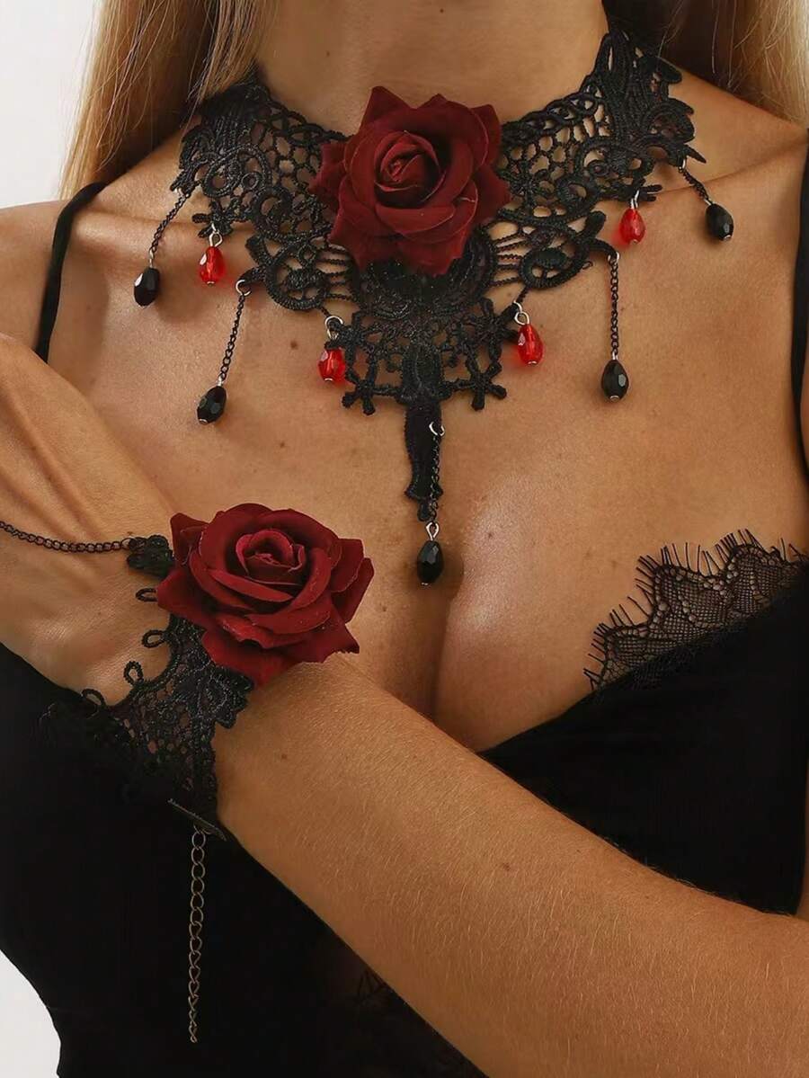 Naszyjnik choker w stylu gotyckiej lolity z motywem róży, odpowiedni na Halloween, wesela i do noszenia na co dzień