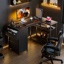 HLONONE Desk 120/140 Cm With 3 Fabric Drawers & Storage Bag, Corner Computer Desk With Shelves For Office & Home Office, 4 Colors - màu đen - Xem 6