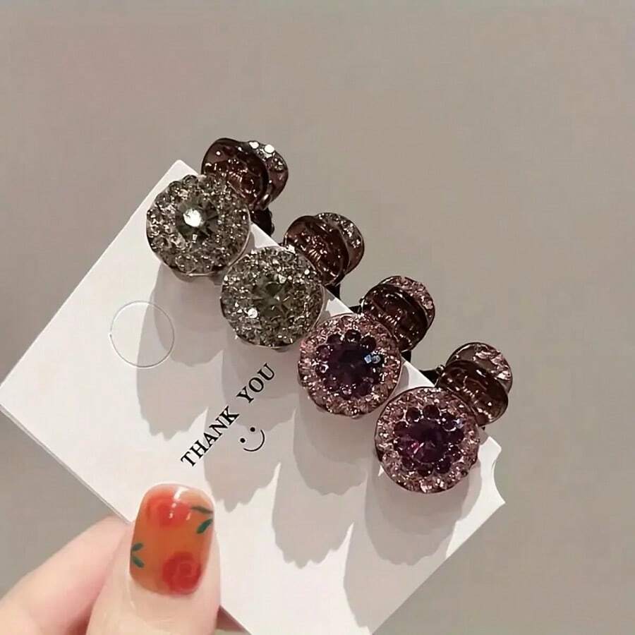 2-Pack Sparkling Rhinestone Mini Hair Clips - Cute And Sweet Round Design For Bangs, Flyaways, And Side Hair - Princess Style Accessories - Nhiều màu - Xem 1