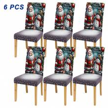 4/6 غطاء كرسي مطبوع بطبعات عيد الميلاد، مع عناصر عيد الميلاد مثل بابا نويل والثلجي والرنة، ديكور منزلي لفندق وحفلة ومطعم، إكسسوار أساسي لديكور عيد الميلاد، هدية عيد الميلاد المثالية