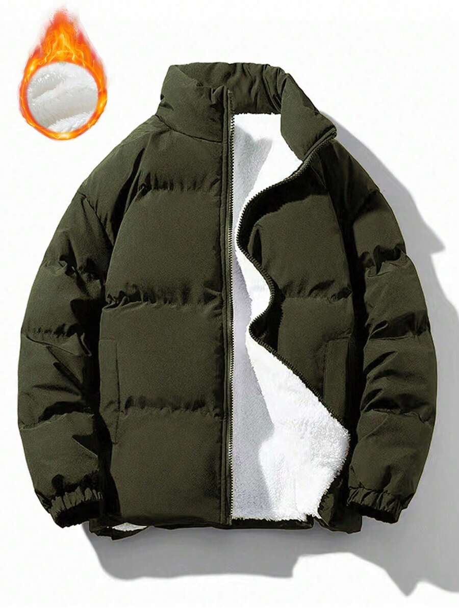 2025新款男士纯色休闲简约长袖羽绒服，保暖立领冬季外套 - 軍綠色 - 查看 1