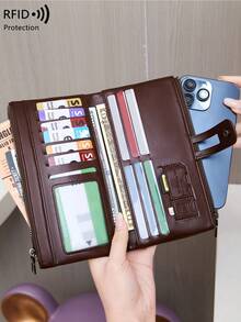 RFID blockierendes Großraum-Damen-Portemonnaie, Vintage-Reißverschluss-Geldbörse, weiches Leder-Langbörse mit mehreren Kartenfächern und Ausweisfenster, kann Kreditkarten/Ausweis/Bargeld/Handy aufnehmen, gesteppte Details Kartenetui Clutch, geeignet für Geschäfts- und Freizeitanlässe - Kaffeebraun - Übersicht 4