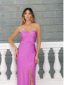 Long Strapless Dress With Slit Mesh Prd - 粉色 - 查看 10