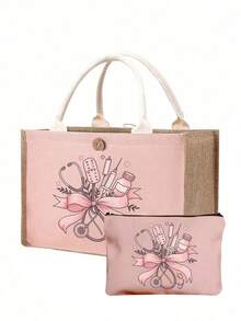 Conjunto de bolso de mano tipo tote y bolsa de cosméticos con tema de enfermera en color rosa, estilo casual, estructura de tela, con estampado de estetoscopio, corazón, jeringa, termómetro y pastillas, adecuado para la temporada de regreso a la escuela, bolso de hombro para viajes de vacaciones, unisex, regalo perfecto, artículos de uso diario, regalos de Navidad, regalos de Halloween