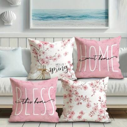 2D, 4 Packs Floral Single-Side Printed Throw Pillow Covers - 17.7*17.7 Inches, Soft Pink & White Pattern, Summer Decor For Living Room/Bedroom/Sofa/Bed, Machine Washable With Zipper (Inserts Not Included)