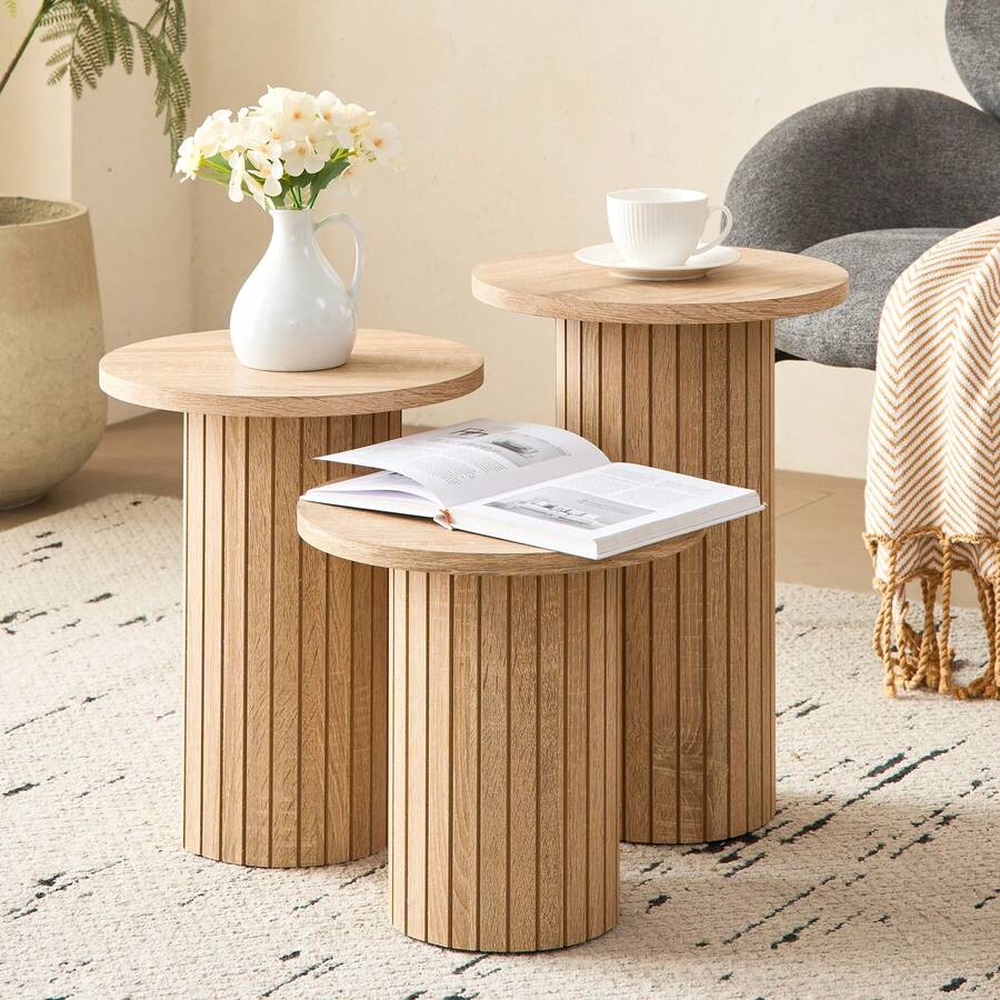 3-Piece Nesting Coffee Table Set, Modern Small Round Wood Side Tables, Fluted Drum Base, For Living Room, Bedroom, Apartment, Small Space, Sofa - 黃色 - 查看 1