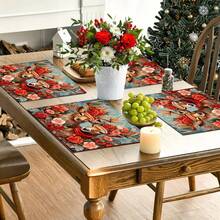 4 buc. Covorașe de masă dreptunghiulare din in, cu imprimeu de reni de Crăciun - Covorașe de masă țesute din in, pentru sufragerie, bucătărie, masă de cafea, decor pentru masă