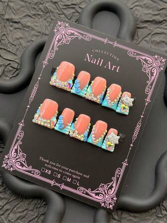 10 pièces de kits d'ongles de style Y2K, ongles à presser faits à la main présentant des ongles en forme de bec de canard bleus ornés d'accessoires floraux raffinés, de strass colorés et de décorations en forme de cœur de chat en acrylique, les rendant adaptés pour les femmes et les filles à utiliser lors de fêtes et pour les tenues de tous les jours. Ils peuvent également être offerts comme cadeaux de nail art.