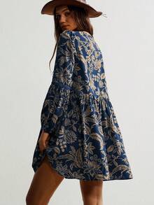 Rusttydustty Striped Lace V-Neck Casual Long Sleeve Classic Blue Dress, Bohemian Beach Outfit, Music Festival Tropical Vacation, New Year, Valentine''s Day Dress - Dusty Blue - View 3