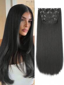 4 piezas/set Extensiones de cabello liso suave de 20 pulgadas, extensiones de cabello sintético liso grueso con clip para mujeres, piezas de cabello postizo con clip para toda la cabeza, extensiones de cabello sintético - Multicolor - Ver 16
