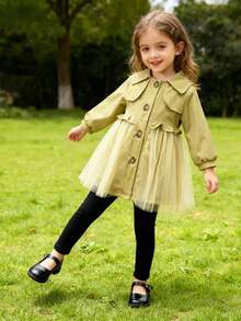 Girls' Mid-Length Trench Coat, Girls' Cute Solid Color Mesh Patchwork Single-Breasted Windbreaker, New Young Girl Tops, Girls' Elegant Clothing