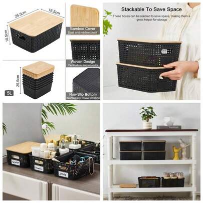 Set Of 6 Storage Boxes With Lid, Imitation Rattan Plastic Storage Basket, Stackable Storage Bins, Kitchen, Bathroom, Office, Wardrobe Black
