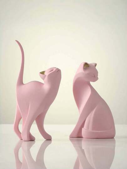 1pc Pink Resin Cat Figurines With Gold Ears, Minimalist Abstract Home Decor Sculptures For Bookshelf, Entryway, Bedroom Or Gift - Graduation, Friendship, Summer Decor