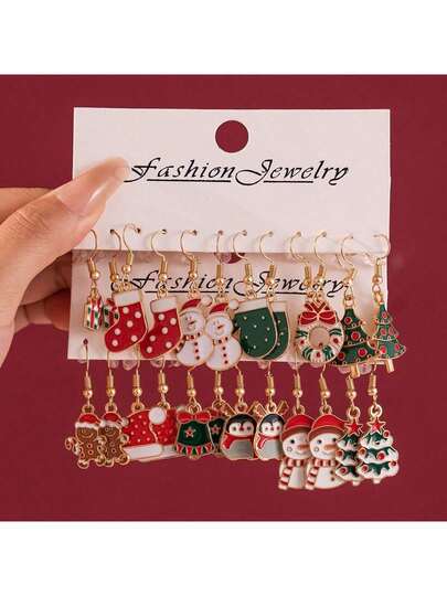 6 Pairs Christmas Hot Selling Cross-Border Oil Drop Earrings Creative Santa Claus, Snowflake, Candy, Cookie Design Combination Set