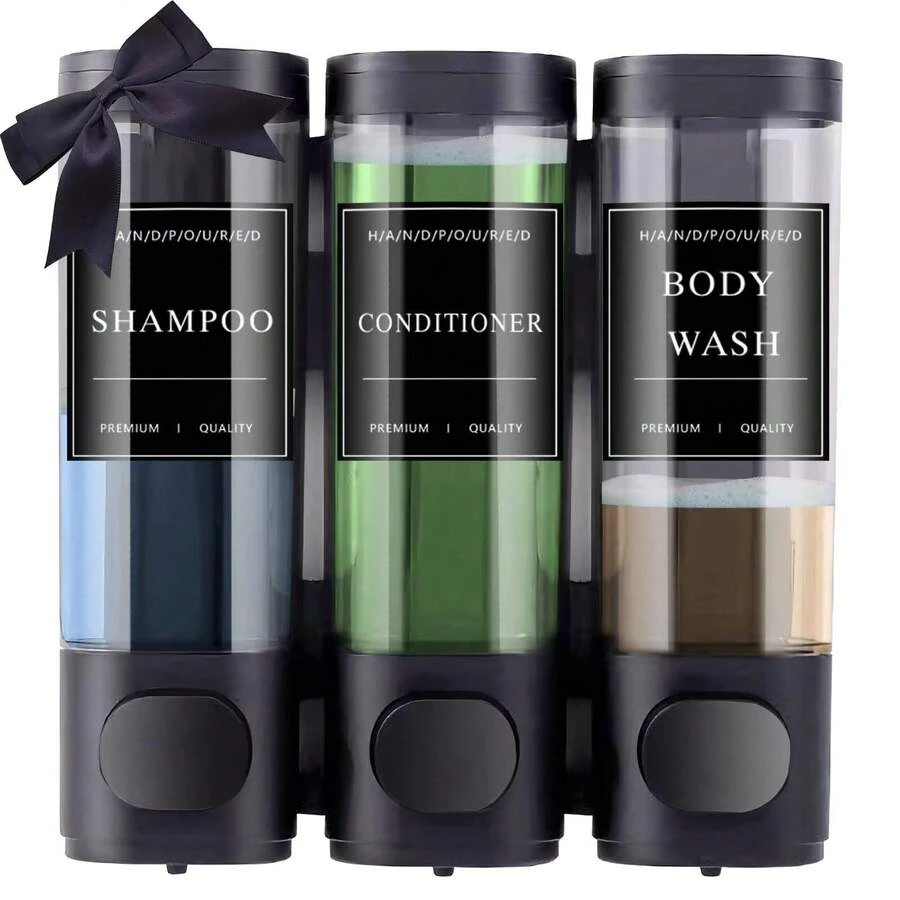 Shampoo And Conditioner Dispenser, Shower Dispenser 3 Chamber No Drill Shampoo Dispenser For Shower Wall Mounted Shower Soap Dispenser For Bathroom Hotel, 3*300ML - 黑色 - 查看 1