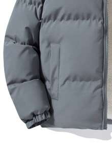 2025 New Men's Solid Color Casual Simple Long Sleeve Padded Coat, Warm Stand Collar Winter Coat - Light Grey - View 5
