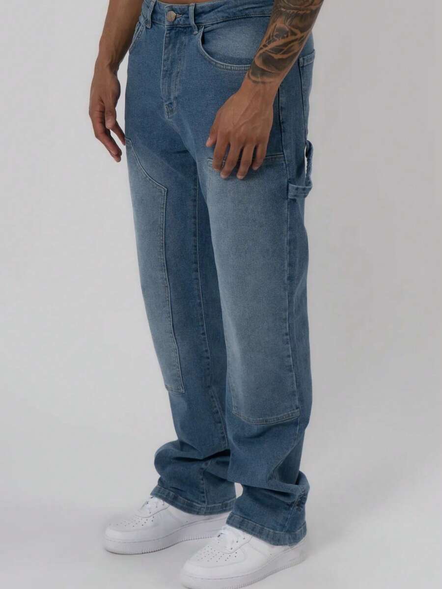 Vintage Washed Loose Straight Leg Jeans For Men, Minimalist Versatile - Medium Wash - View 1