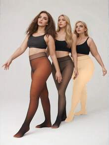 1 PC Plus Size Women's Sheer High-Waist Fleece-Lined Tight Leggings - Warm Without Bulk, Stretchy Comfortable, Slim-Fit For Autumn/Winter Layering, No Crotch Pinching/Edge Rolling, Unrestricted Movement - 米色 - 查看 5