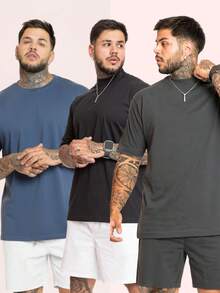 Kit 3 Premium Men's Oversized T-Shirts, Trap Street Style, Gringa Bodybuilder, Cotton Spring - Jeans Blue, Black and Gray - View 1