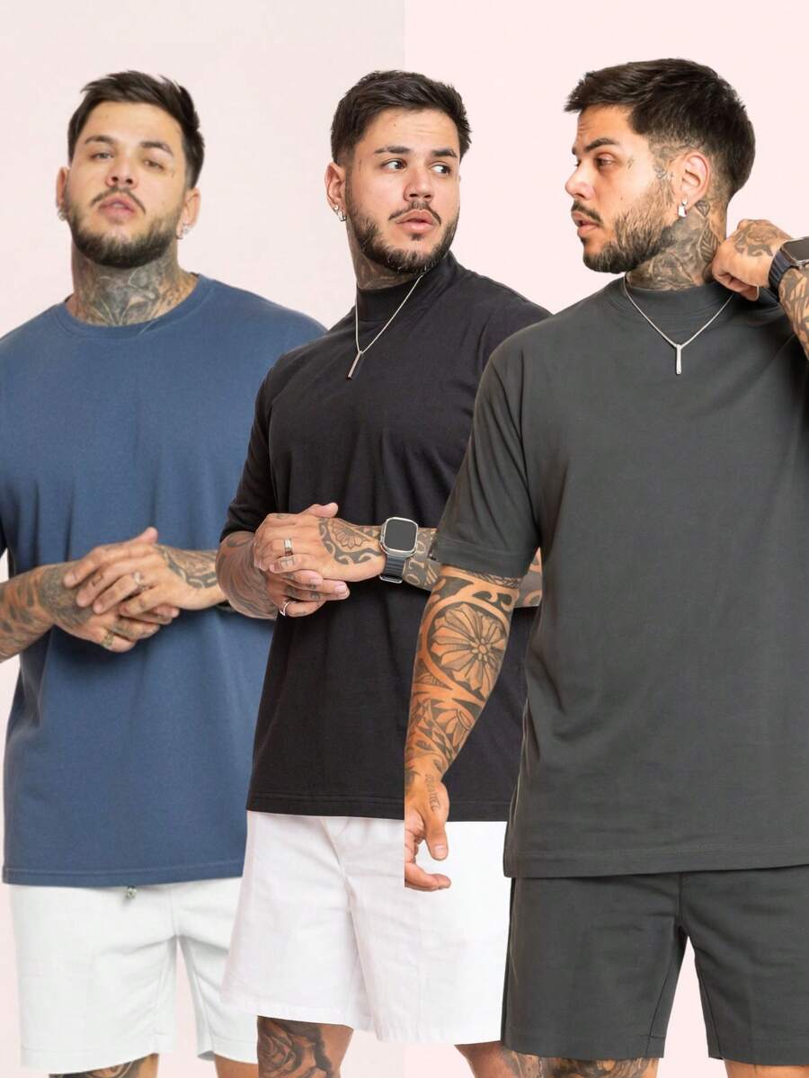 Kit 3 Premium Men's Oversized T-Shirts, Trap Street Style, Gringa Bodybuilder, Cotton Spring - Jeans Blue, Black and Gray - View 1