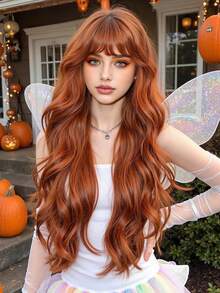 26 Inch Orange Long Curly Wig With Bangs Synthetic Wig Beginners Friendly Heat Resistant Fashionable For Daily Use Party - Dirty Orange - View 2