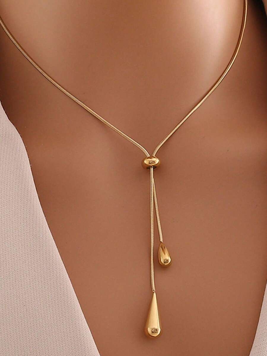1 Elegante collar colgante de acero inoxidable vintage, sencillo, con forma de lágrima de metal. Este collar ajustable en forma de Y es perfecto para el uso diario o una cita nocturna