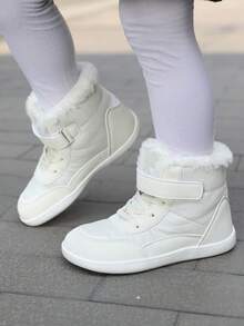 1 par de botas de nieve para niños y niñas, de piel sintética de unicolor con forro térmico, con cierre de gancho y bucle, cómodas, suaves, antideslizantes y duraderas, adecuadas para el otoño/invierno