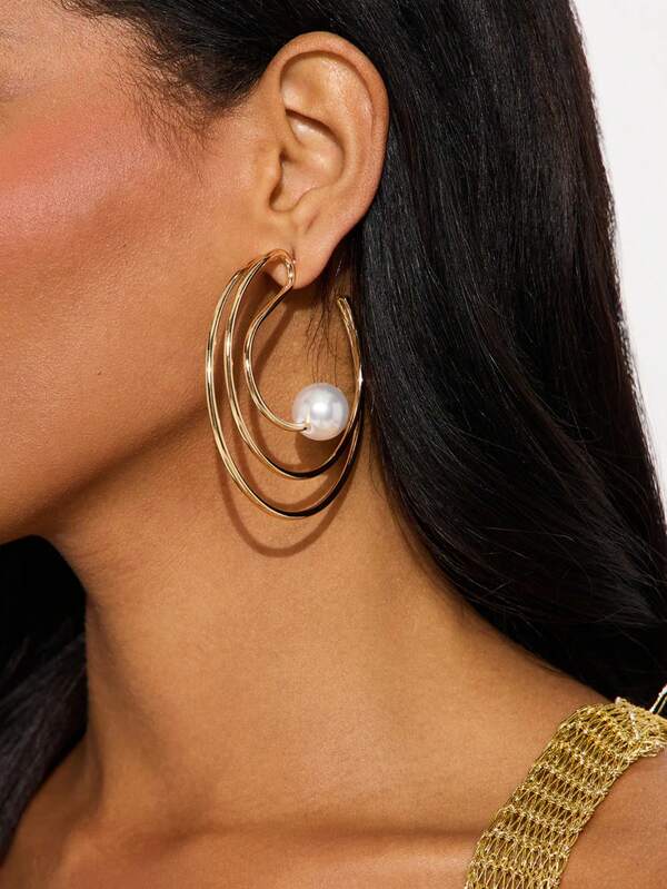 1 Pair Vintage Oversized 3-Layer Hoop Earrings, Faux Pearl Inlaid, Suitable For Women To Wear At Balls, Parties And Gatherings, Round Circle Earrings