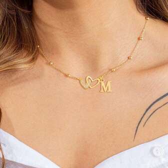 1pc Classic Simple Heart Initial Pendant Golden Stainless Steel Bead Chain Necklace For Women