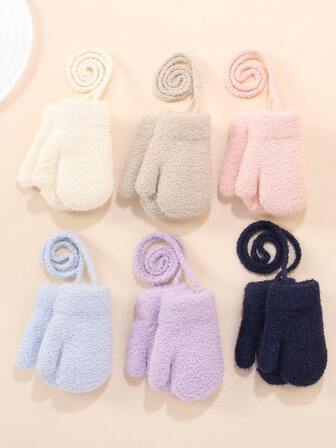 1 Pair Baby Solid Color Thickened Fleece Winter Warm Anti-Freeze Mittens Hand Gloves With Halter For Boys And Girls