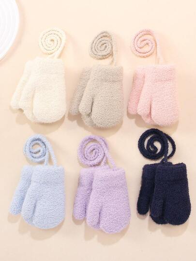 1 Pair Baby Solid Color Thickened Fleece Winter Warm Anti-Freeze Mittens Hand Gloves With Halter For Boys And Girls