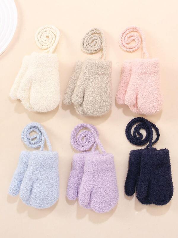 1 Pair Baby Solid Color Thickened Fleece Winter Warm Anti-Freeze Mittens Hand Gloves With Halter For Boys And Girls