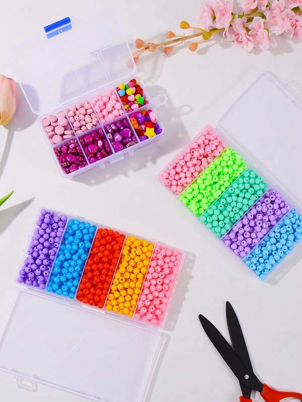 1 علبة 5/8 ألوان من الخرز المتنوع المصنوع من الأكريليك والمطاط لل-DIY، يشمل خرز دائري وبشكل قلب ونجوم وخرز مسطح وغيرها