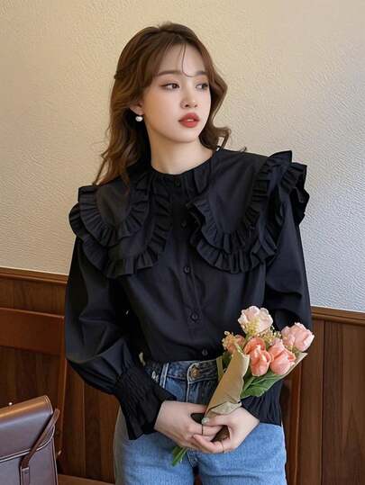 女士纯色荷叶边纽扣休闲衬衫