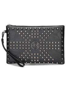 1 pezzo Borsa clutch in pelle PU nera con borchie, decorazione in metallo a forma di croce/lettera, borsa da uomo personalizzata e cool, borsa da polso per il business, adatta per telefono, contanti, chiavi, occhiali, adatta per lavoro, pendolarismo, riunioni, viaggi di lavoro, shopping, essenziale per lavoratori d'ufficio, regalo per uomo, marito, capo, regalo per vacanze, Ognissanti, Ringraziamento