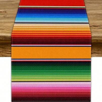 1pc Vibrant Mexican Striped Table Runner - Colorful Day Of The Dead Design For Home, Picnic, Party, Or Kitchen Decor, Rectangular Shape, Durable And Easy To Clean, Picnic Accessory | Intricate Stripe Pattern