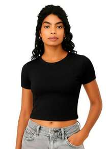 Women's Short Sleeve Ribbed Cropped Top With Sleeves, Summer - Black - View 1