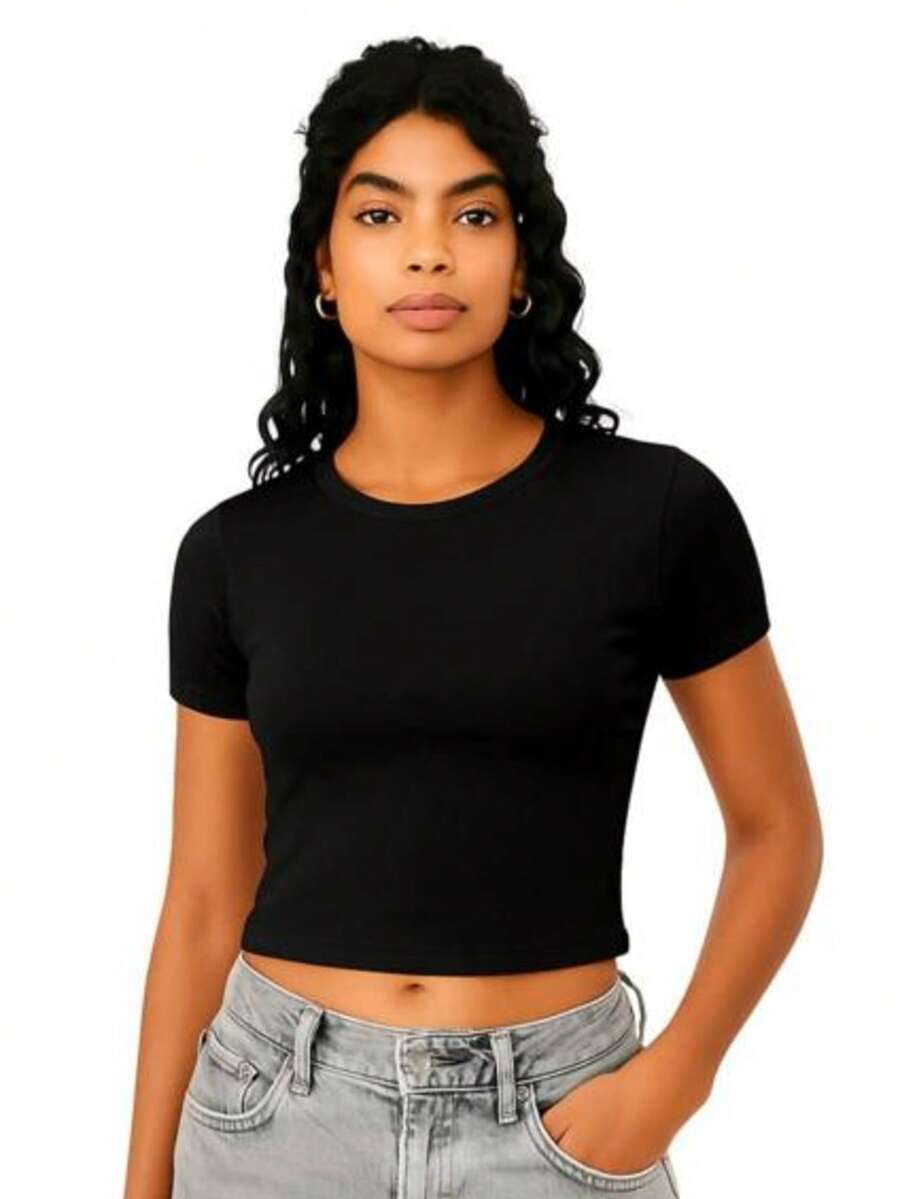 Women's Short Sleeve Ribbed Cropped Top With Sleeves, Summer - Black - View 1