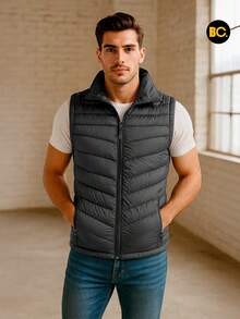 Big City Chaleco acolchado para hombre con cierre frontal y bolsillos laterales, abrigo ligero tipo puffer casual moderno para clima frío, - Gris Oscuro - Ver 3