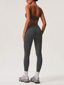 Sodalemon Women's Solid Color Thick Sports Bra & Yoga Leggings 2 Pieces Workout Set - Grey - View 3