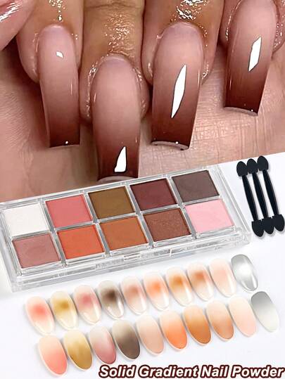 1 Set Of 10 Colors Solid Gradient Nail Art Powder, Brown Nude White Autumn Winter Nail Powder Nail Gradient Blush Y2K Nail Art Decoration With 3 Pieces Eyeshadow Brush Nail Powder Set Nail Art Salon Nail Supplies DIY