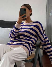 Livesso Damen-Strickpullover mit Kontraststreifen, lockerem Rundhalsausschnitt und langen Ärmeln, lässiger Pullover für Herbst/Winter, Schule - Blau - Übersicht 5