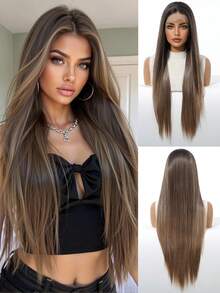 13*3.5英寸高密度150%蕾丝前假发，高品质舒适女士假发，渐变色，30英寸中长直发，采用耐热合成纤维制成，适合度假、家庭聚会、角色扮演和日常佩戴。 - 漸層 - 查看 13
