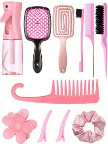 11pcs/Set Multi-Functional Hair Styling Tool Kit, Black Handle Hollow Comb Scalp Massage, Bone Massage Comb Scalp Relaxation Anti-Hair Loss, 200ml High Pressure Spray Bottle, Densely Toothed Curling Comb For Detangling, Large Hair Scrunchies For Ponytails, Elegant Hair Accessory Set Suitable For All Hair Types And Women, Great Gift For Girlfriend, Family ,Hair Styling Tools ,Hair Styling Kit